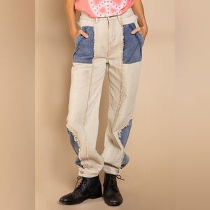 POL Two-Tone Denim Patchwork Pants